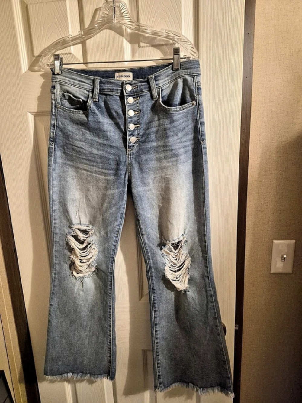 Sneak Peek High Rise Button-Fly Distressed Flare Jeans Women's Distressed Flare